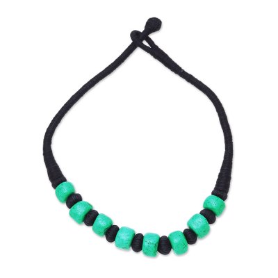 Bone beaded necklace, 'Licorice and Mint' - Handcrafted Green Buffalo Bone Black Cotton Beaded Necklace
