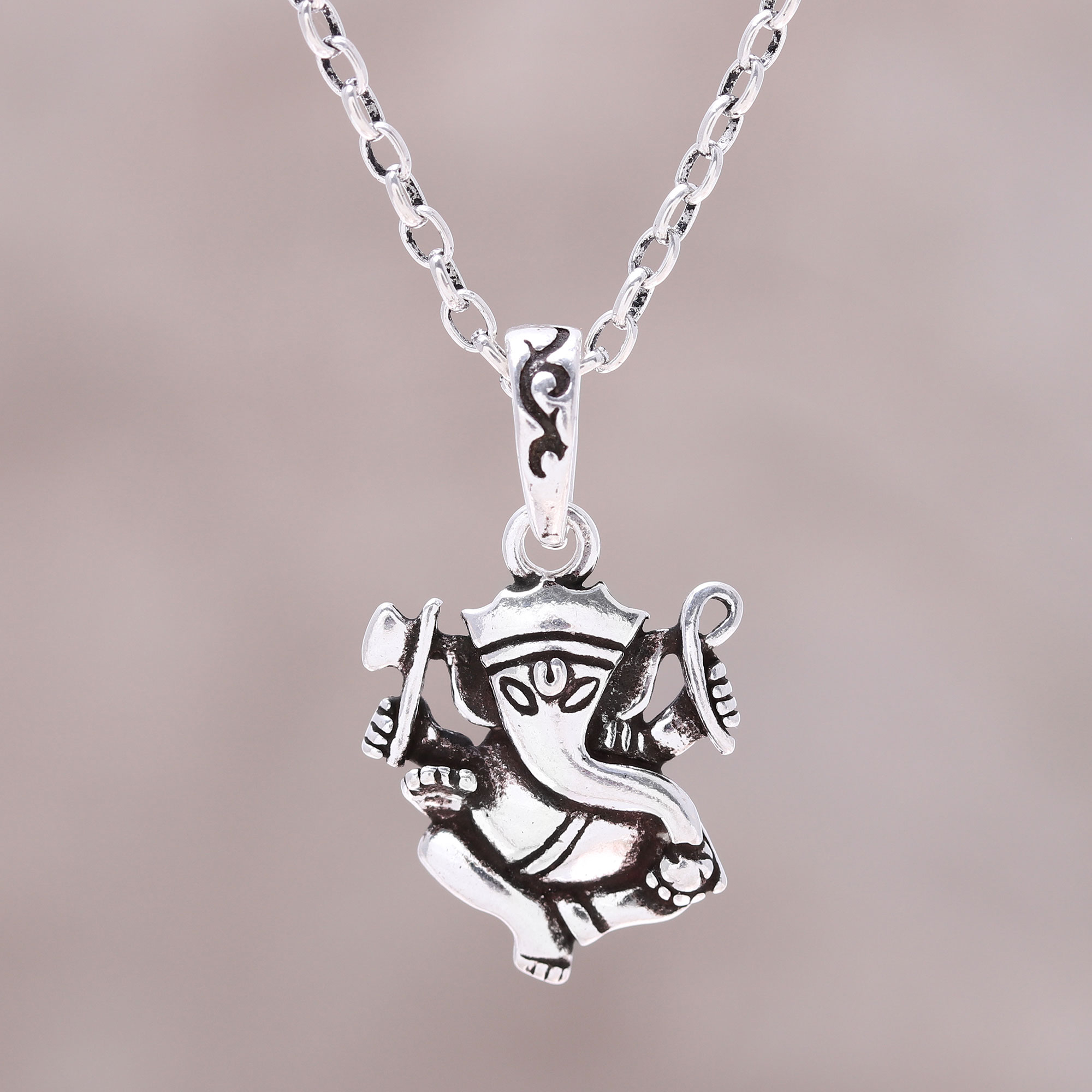 Sterling Silver Ganesha Pendant Necklace from India - Proud Ganesha ...