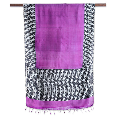 Silk shawl, 'Amethyst Jungle' - Handwoven Silk Shawl in Amethyst from India