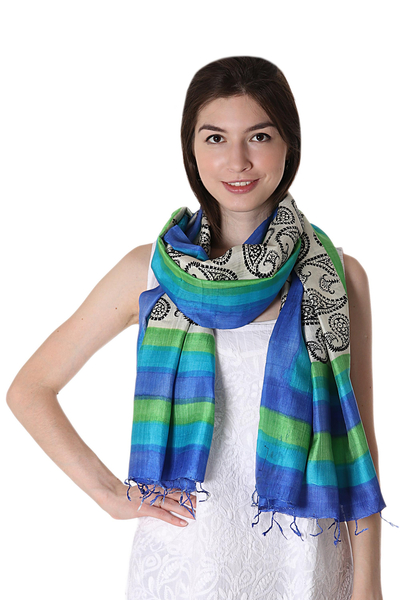 Silk shawl, 'Paisley Dance' - Handwoven Silk Shawl with Paisley Motifs from India