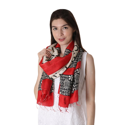 Silk shawl, 'Peaceful Spirit' - Handwoven Silk Shawl in Red and Black from India