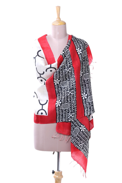 Silk shawl, 'Peaceful Spirit' - Handwoven Silk Shawl in Red and Black from India