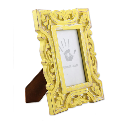 Wood photo frame, 'Sunlit Day' (4x6) - Distressed Yellow Hand Carved Mango Wood Photo Frame (4x6)