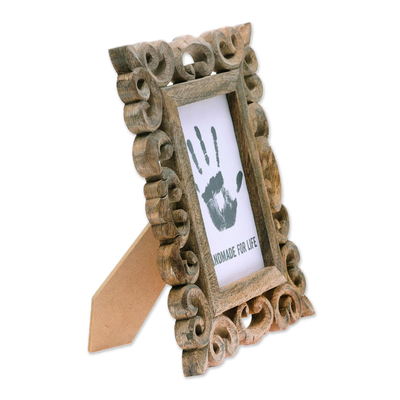 Wood photo frame, 'Lacy Symmetry' (4x6) - Hand Carved Openwork Scrolls Mango Wood Photo Frame (4x6)