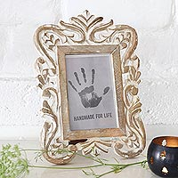 Wood photo frame, 'Frosted Foliage' (4x6) - Whitewashed Hand Carved Rectangular Wood Photo Frame 4x6