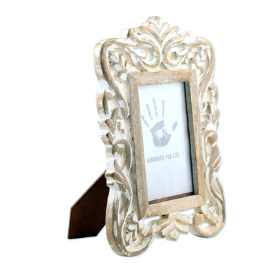 Wood photo frame, 'Frosted Foliage' (4x6) - Whitewashed Hand Carved Rectangular Wood Photo Frame 4x6