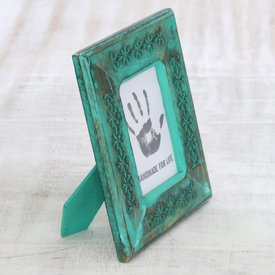 Wood photo frame, 'Antique Memories' (4x6) - Green Hand Carved Flower Cutouts Wood Photo Frame (4x6)