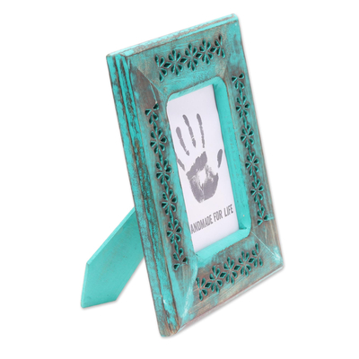 Wood photo frame, 'Antique Memories' (4x6) - Green Hand Carved Flower Cutouts Wood Photo Frame (4x6)