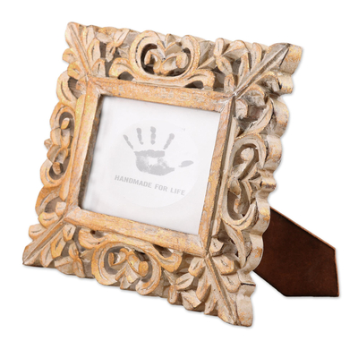 Wooden photo frame, 'Golden Leaves' (4x6) - 4x6 Hand-Carved Golden Mango Wood Ornate Photo Frame