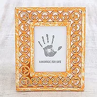 Wood photo frame, 'Orange Lotus' (5x7) - Hand-Painted Orange Hand-Painted Floral Photo Frame 5x7