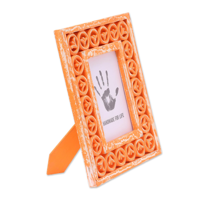 Wood photo frame, 'Orange Lotus' (5x7) - Hand-Painted Orange Hand-Painted Floral Photo Frame 5x7