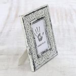 Wood photo frame, 'Bright Blooms' (5x7) - Milk White Distressed Hand Carved Mango Wood Photo Frame 5x7