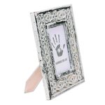 Wood photo frame, 'Bright Blooms' (5x7) - Milk White Distressed Hand Carved Mango Wood Photo Frame 5x7