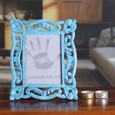 Wood photo frame, 'Memory Keeper' (5x7) - Hand-Carved Blue Shabby-Chic Mango Wood Photo Frame 5x7