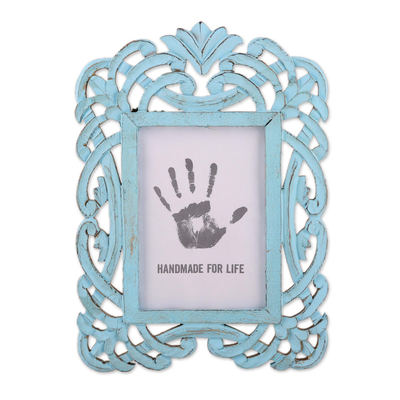 Wood photo frame, 'Wrapped in Blue' (5x7) - Blue Distressed Hand Carved Mango Wood Photo Frame 5x7
