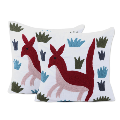Cotton cushion covers, 'Joyful Joey' (pair) - 2 Aari Embroidery Folk Art Kangaroo Cotton Cushion Covers