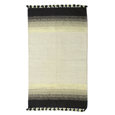 Wollteppich, 'Klassischer Charme' (3x5) - Gestreifter Woll-Flächenteppich in Schwarz und Beige (3x5) aus Indien