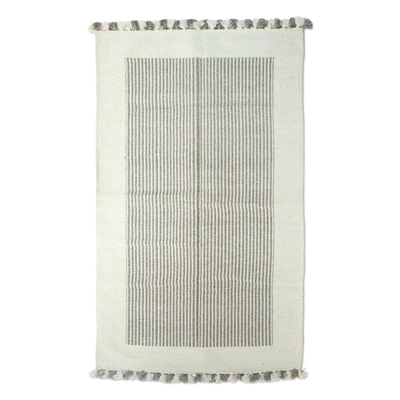 Wollteppich, (3x5) - Handgewebter Wollteppich mit elfenbeinfarbenen Rändern (3x5) aus Indien