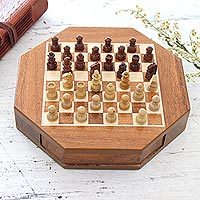 Wood mini chess set, 'Mind Battle' - Wood Mini Chess Set with a Magnetic Board from India