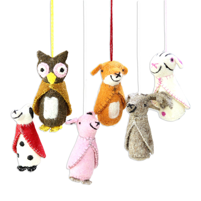 Animal-Themed Wool Ornaments from India (Set of 6)