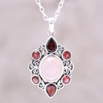 Garnet and rose quartz pendant necklace, 'Glory of Red' - Garnet and Rose Quartz Pendant Necklace from India
