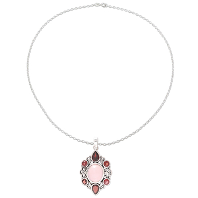Garnet and rose quartz pendant necklace, 'Glory of Red' - Garnet and Rose Quartz Pendant Necklace from India