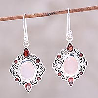 Garnet and rose quartz dangle earrings, 'Glory of Red'