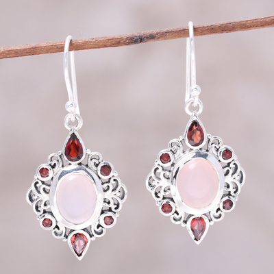 Garnet and rose quartz dangle earrings, 'Glory of Red' - Garnet and Rose Quartz Dangle Earrings from India