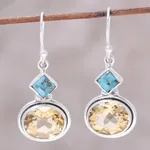 Citrine dangle earrings, 'Watery Gold' - Nine-Carat Citrine and Composite Turquoise Earrings