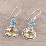 Citrine dangle earrings, 'Watery Gold' - Nine-Carat Citrine and Composite Turquoise Earrings