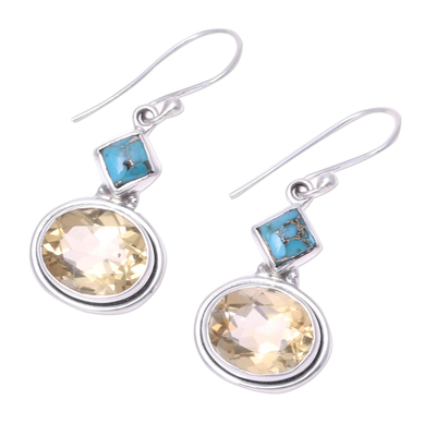 Nine-Carat Citrine and Composite Turquoise Earrings - Watery Gold | NOVICA