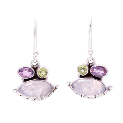 Rainbow moonstone dangle earrings, 'Glistening Eyes' - Eye-Shaped Rainbow Moonstone Dangle Earrings from India