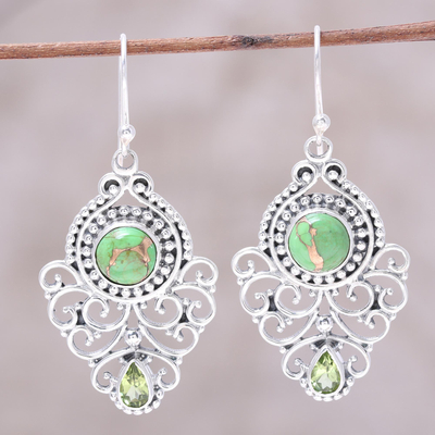 Peridot dangle earrings, 'Verdant Ecstasy' - Pear Peridot and Composite Turquoise Earrings from India