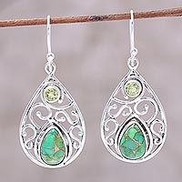 Peridot dangle earrings, 'Verdant Sparkle' - Peridot and Teardrop Green Turquoise Earrings from India