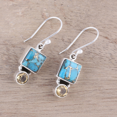 Citrine dangle earrings, 'Creative Beauty' - Citrine and Composite Turquoise Dangle Earrings from India