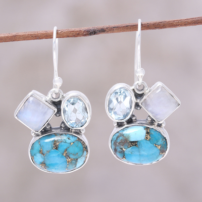 Blue topaz and rainbow moonstone dangle earrings, 'Crystalline Waters' - Blue Topaz and Rainbow Moonstone Dangle Earrings from India
