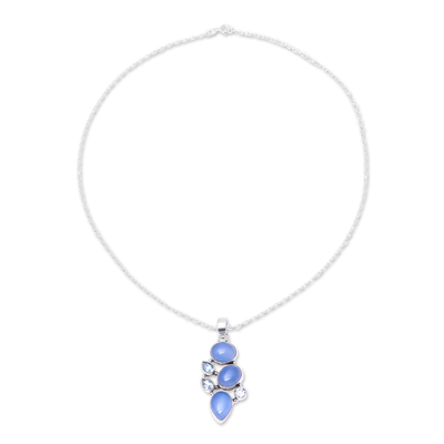 Blue Topaz and Chalcedony Pendant Necklace from India - Blue Glow | NOVICA