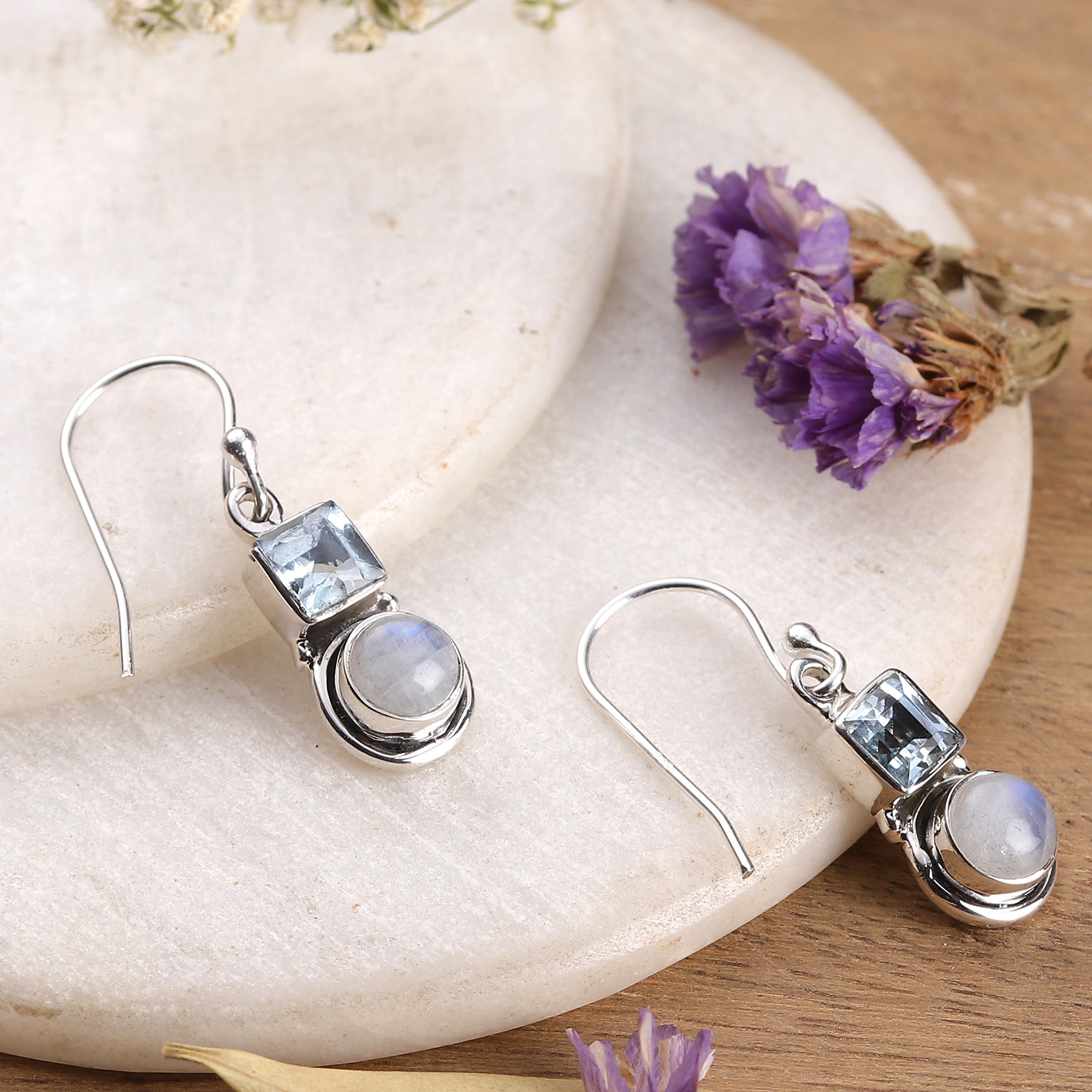 Faceted Blue Topaz and Rainbow Moonstone Earrings 925 Sterling Silver Dangle