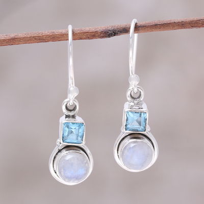 Blue topaz and rainbow moonstone dangle earrings, 'Sky Glimmer' - Blue Topaz and Rainbow Moonstone Dangle Earrings from India