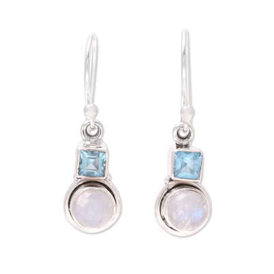 Blue Topaz and Rainbow Moonstone Dangle Earrings from India