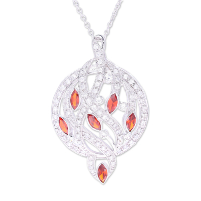 Rhodium plated sterling silver pendant necklace, 'Glittering Elegance' - Red CZ Rhodium Plated Sterling Silver Pendant Necklace