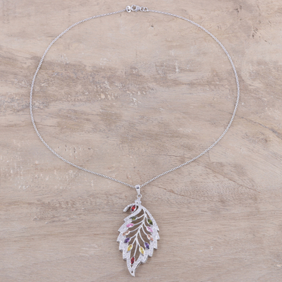 Rhodium plated sterling silver pendant necklace, 'Glittering Leaf' - Colorful Rhodium Plated Sterling Silver Leaf Necklace
