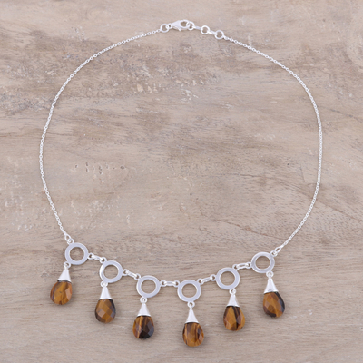 Tiger's eye waterfall necklace, 'Delightful Dance' - Tiger's Eye Linked Waterfall Necklace from India