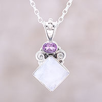 Rainbow Moonstone and Amethyst Pendant Necklace from India,'Timeless Allure'