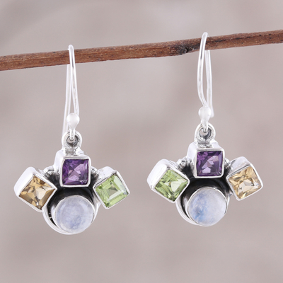 Multi-gemstone dangle earrings, 'Lovely Quartet' - Multi-Gemstone Dangle Earrings Crafted in India