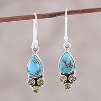 Citrine dangle earrings, 'Sunny Dew' - Citrine and Composite Turquoise Dangle Earrings from India