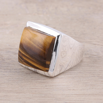 Tiger's eye ring, 'Might' - Modern Tiger's Eye Ring Crafted in India