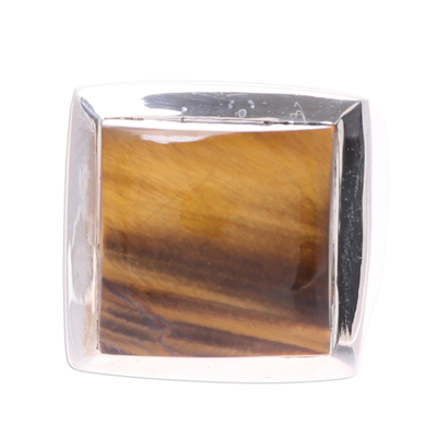 Tiger's eye ring, 'Might' - Modern Tiger's Eye Ring Crafted in India