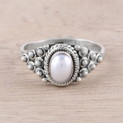 Cultured pearl cocktail ring, 'Peaceful Glow' - Dot Motif Cultured Pearl Cocktail Ring from India