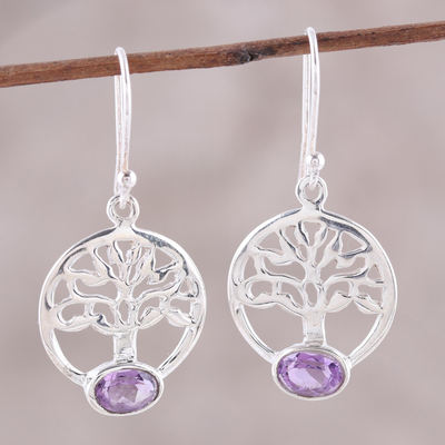 Amethyst dangle earrings, 'Corona Trees' - Tree Motif Amethyst Dangle Earrings from India